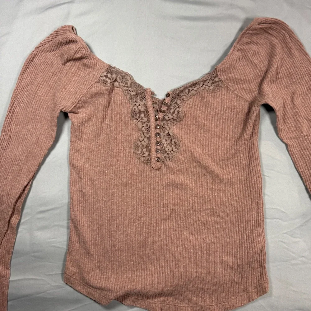 Free People Ribbed Lace Floral Top M Dusty Rose Bella Swan Ren Faire Babydoll